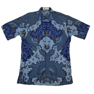 Vintage Batik Keris Shirt Java Large 17 Indonesian Art 100% Cotton Blue Collar